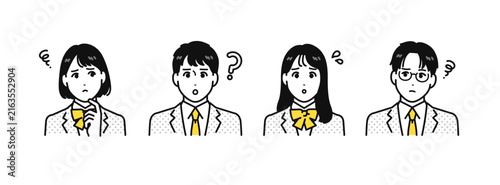 悩む4人の高校生の表情アイコンセット