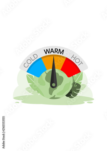 Global temperature warm gauge illustration showing cold, warm, and hot levels over planet Earth to represent climate change and global warming.