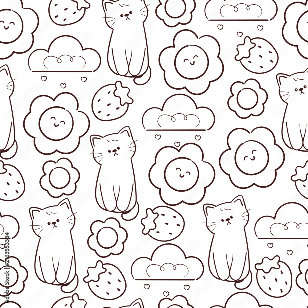 Fototapeta premium cute seamless pattern hand drawn cartoon cat with dessert and plant in outline style