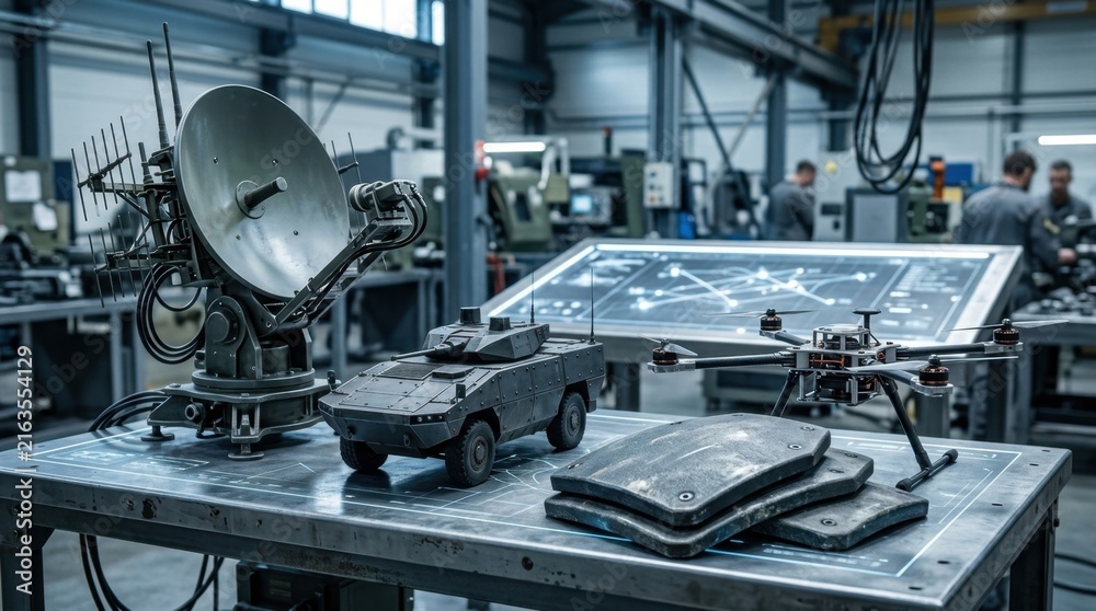 Fototapeta premium Defense industry growth with radar dish, armored vehicle silhouette, modular drone frame, ballistic plate, and strategic planning table.