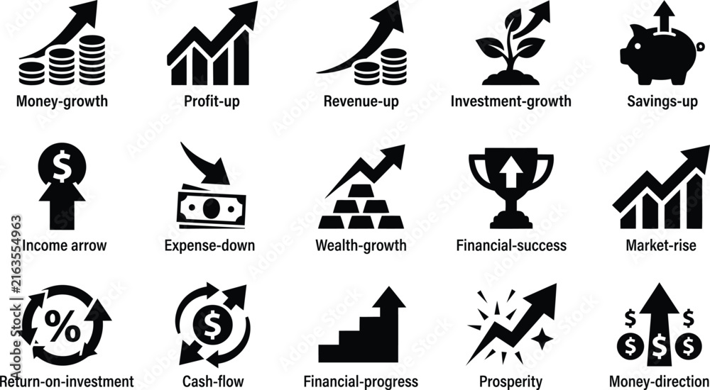 Fototapeta premium Business and finance growth icons set showing financial success and profit