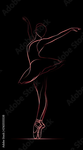 Minimalist line art illustration of elegant ballerina dancing gracefully on pointe with delicate glowing lines on black background