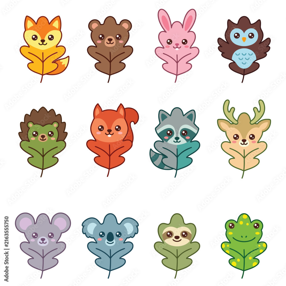 Fototapeta premium Cute Animal Characters on Leaf Shapes.