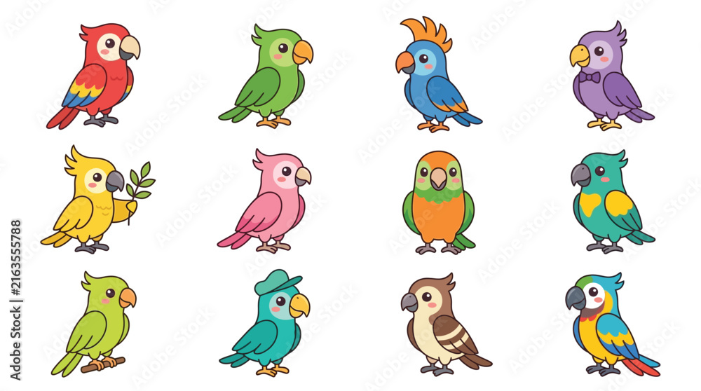 Obraz premium Colorful Cartoon Birds Illustration Set.