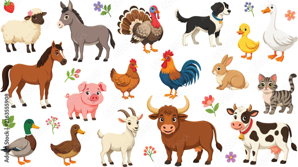 Obraz premium Cute Cartoon Farm Animals Vector Sticker Collection with Cow, Horse, Pig, Sheep, and Chicken Elements for Kids Educational Books and Designs