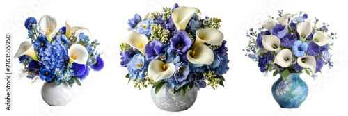 Set of An elegant blue and white flower bouquet displayed in a ceramic vase on transparent png background. Ai generated