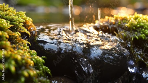 Water falling on mossy rock in sunlight. Water flows over a mossy rock for nature and garden design themes
