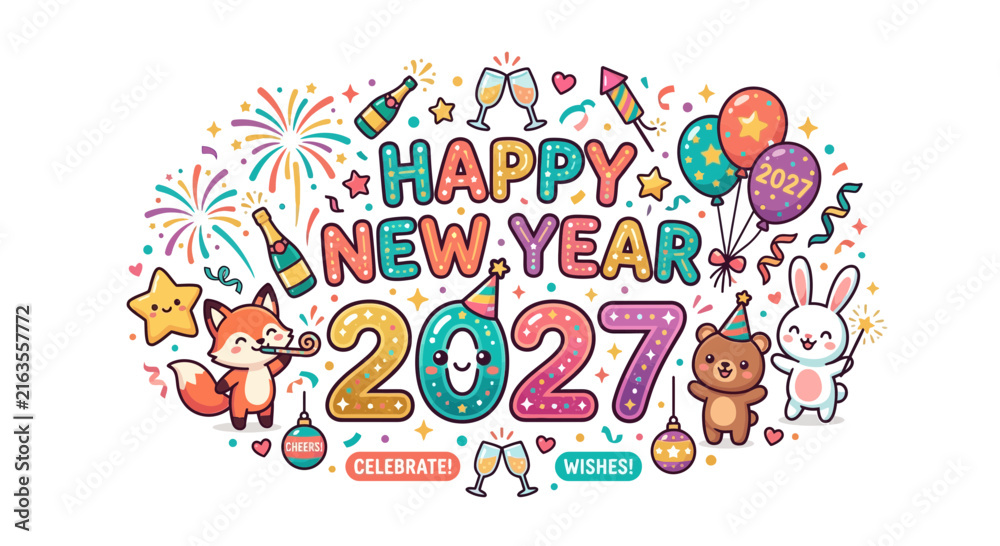 Fototapeta premium Happy New Year 2027 Cartoon Illustration with Cute Animals