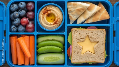 Down view of a blue bento lunch box with hummus, pita bread, fruit, vegetables, and sandwich