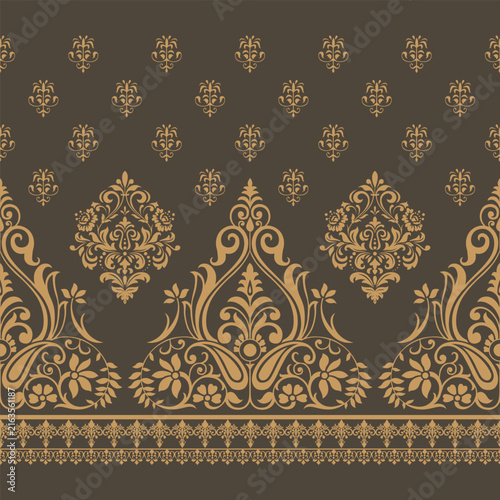 Elegant vintage damask pattern with ornate floral motifs and decorative borders in warm gold on a dark brown background, seamless luxury wallpaper design.