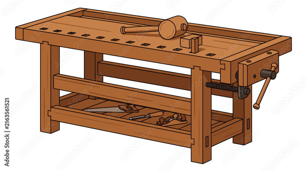 Fototapeta premium Traditional Wooden Workbench with Carpentry Tools and Mallet