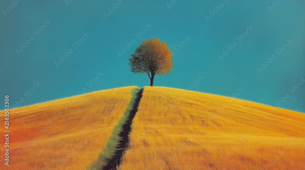 Obraz premium tree and blue sky and wheat field in summer