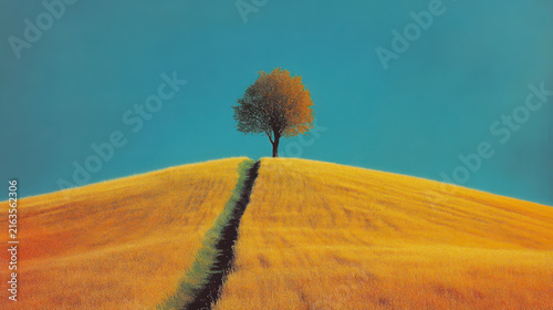 tree and blue sky and wheat field in summer
