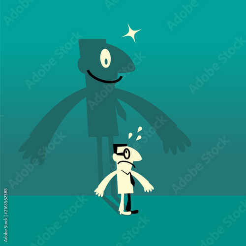 Flat vector illustration of an anxious businessman sweating in front of a giant smiling shadow. Ideal for concepts like imposter syndrome, hidden potential, workplace anxiety, and confidence gaps. 