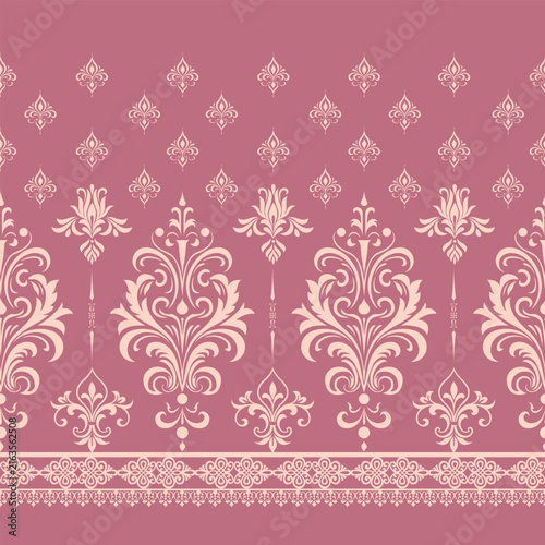 Elegant vintage damask pattern with ornate floral motifs and decorative borders in soft pink and cream, creating a luxurious seamless wallpaper or textile design.