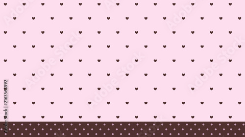 Cute pastel pink background with tiny brown hearts pattern and polka dot border