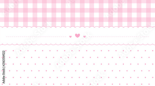 Cute pink gingham and polka dot frame background with scalloped lace and hearts