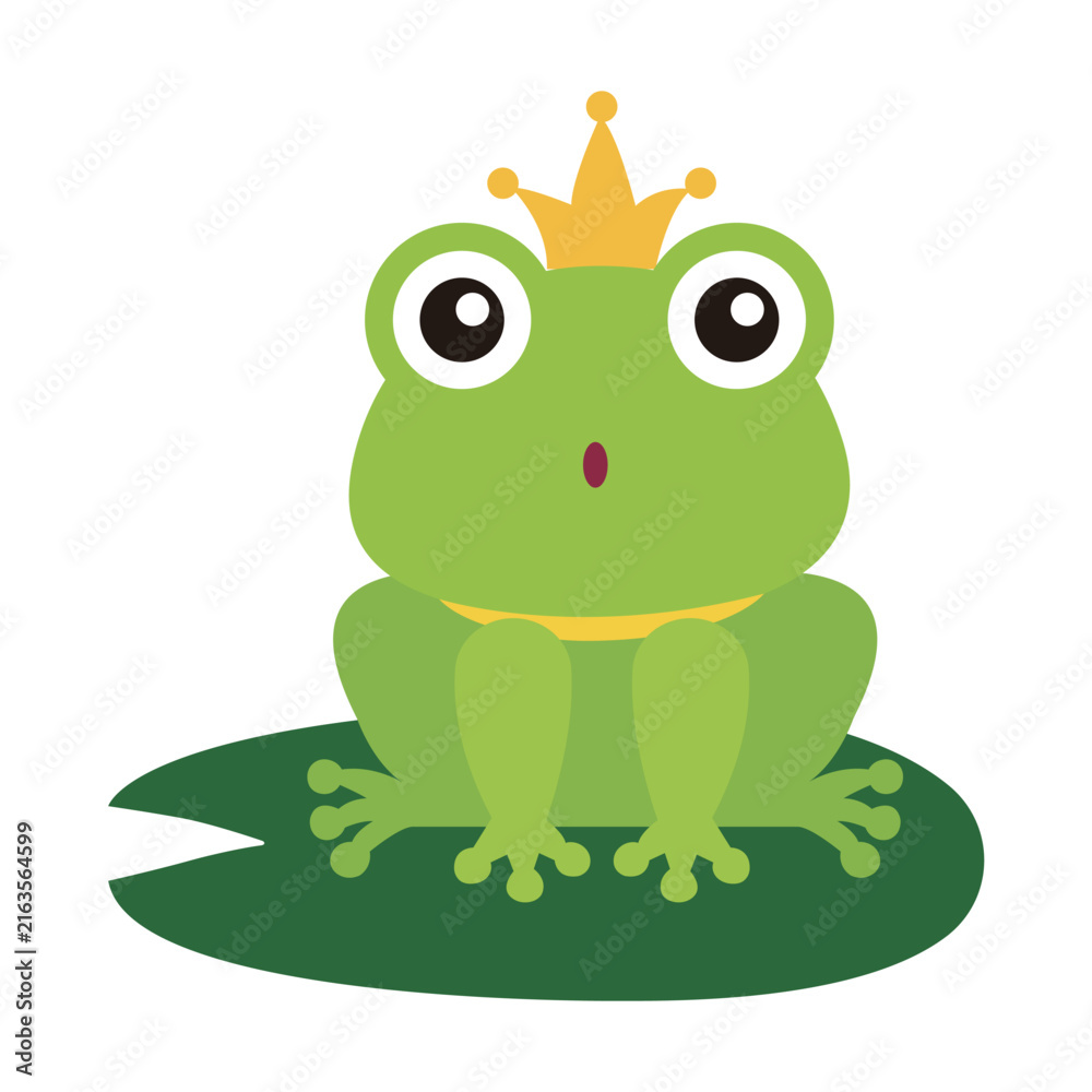 Fototapeta premium Cute Frog Prince Sitting on Lily Pad Vector Character, Fairytale Prince Frog Illustration