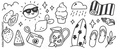 Cute Kawaii Sun Surfboard and Fresh Lemonade Pitcher Line Art Vector Outline Collection
