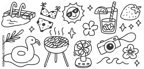 Cute Kawaii Summer Pool Party BBQ Grill and Flamingo Float Line Art Vector Outline Bundle