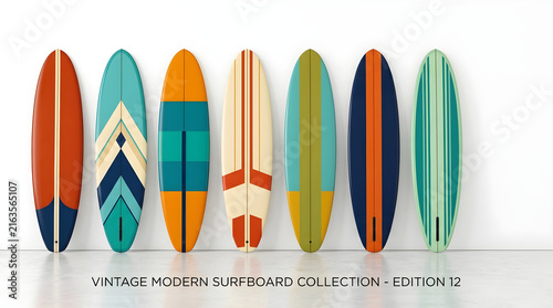 A striking array of seven vintage modern surfboards, each uniquely designed with geometric and striped patterns, standing on a white background.