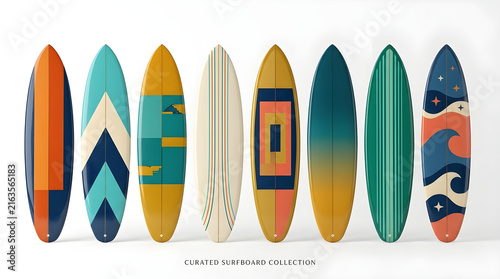 Curated surfboard collection presenting eight uniquely patterned and colored boards for summer adventures.