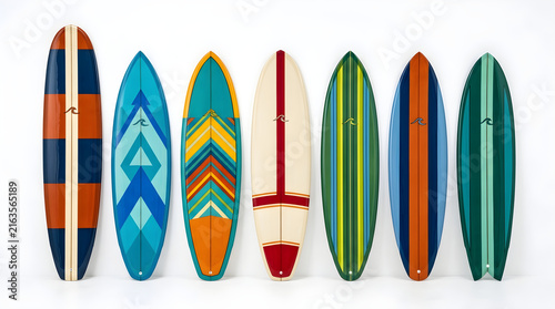 Surfboard collection displaying eight distinctively patterned and colored boards for water sport enthusiasts.