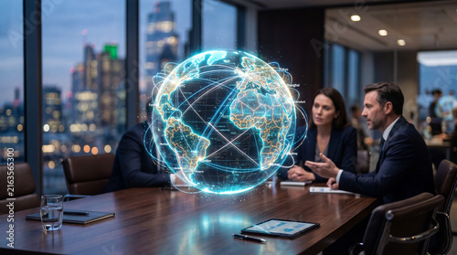 Corporate business team having a strategy meeting around a futuristic glowing holographic earth network in a modern boardroom