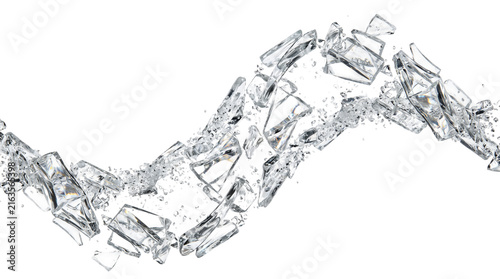 Shattered glass shards wave exploding floating with crystal dust debris impact motion effect element isolated on transparent background