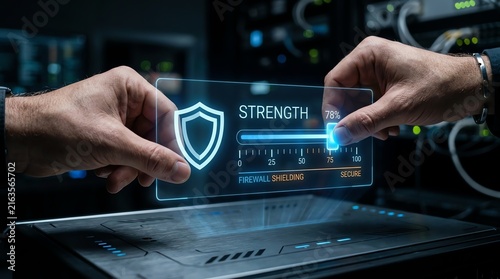 Digital Cybersecurity Interface with Holographic Shield and Strength Bar in a Modern Data Center Server Room