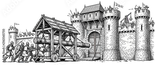 Quadro su tela Medieval siege engine battering castle gate illustration