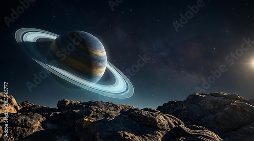 Majestic planet with expansive icy rings hanging above a rugged dark rocky lunar surface within deep space under starry sky