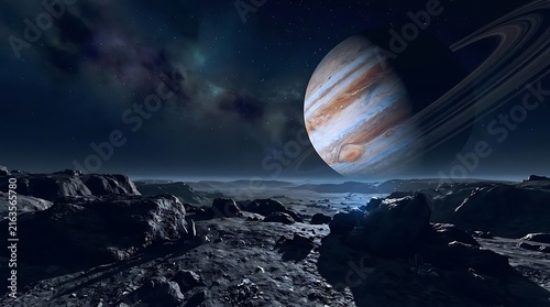 Massive ringed gas giant planet looms over a desolate rocky lunar surface featuring dramatic shadows in deep outer space scenery