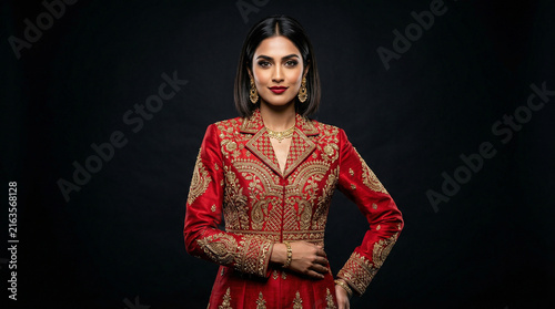 Beautiful woman wearing ornate red traditional dress in dark studio perfect for highlighting luxurious ethnic fashion and sophisticated cultural wear