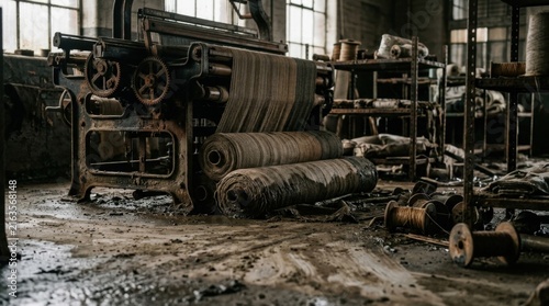 Flood damaged textile mill with jacquard looms, fabric rolls, thread spools, metal racks, and silt covered workshop floor