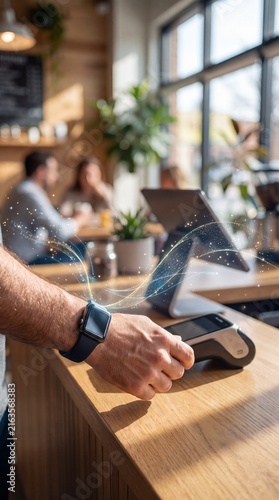 Person using wearable device for contactless payment at wooden counter inside modern coffee shop setting with close up person paying digital watch payment terminal