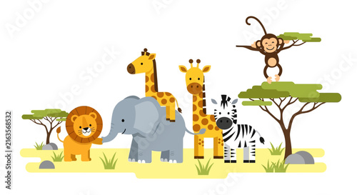 Safari animals vector illustration displaying cute wild creatures like a lion elephant giraffe zebra and monkey in a savannah landscape.
