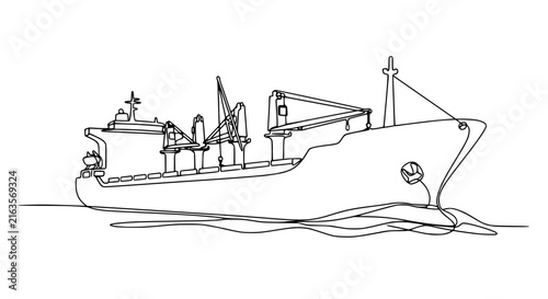 Cargo Ship Continuous Line Drawing Isolated on Transparent Background