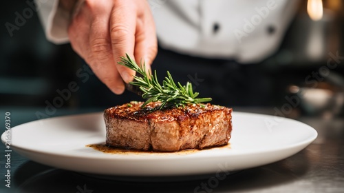 steakhouse chef plating steak, professional culinary workflow