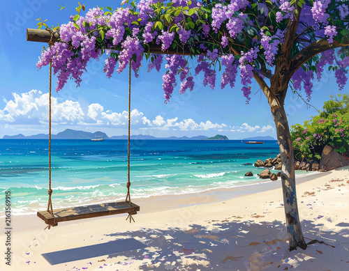 Swing under purple blossoms by the sea