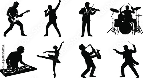 Music and Performing Arts Silhouette Vector Set Featuring Musicians, Singers, Dancers, and Conductors