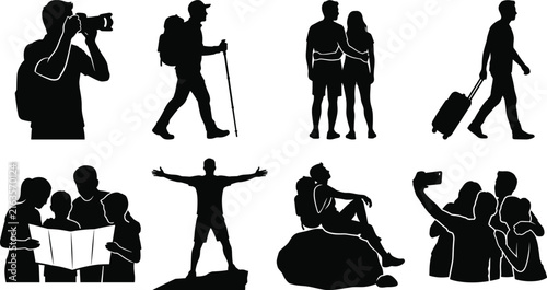 Travel and Adventure Silhouette Vector Set Featuring Tourists, Hikers, Couples, and Group Exploration Scenes