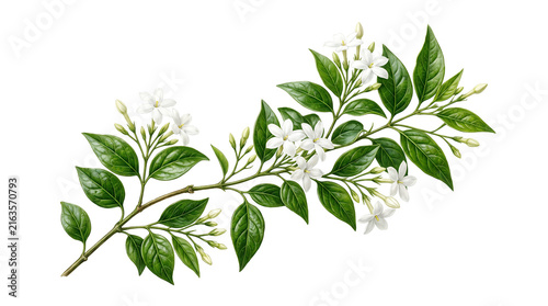 Delicate white jasmine sprig featuring star-shaped blossoms, unopened buds and glossy foliage isolated on transparent background for elegant botanical design applications.