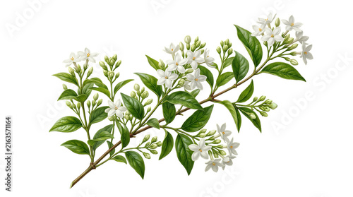 Delicate white jasmine sprig featuring star-shaped blossoms, unopened buds and glossy foliage isolated on transparent background for elegant botanical design applications.