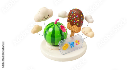 Miniature watermelon fruit popsicles chocolate ice cream dessert figurine display set vibrant studio lighting isolated white background