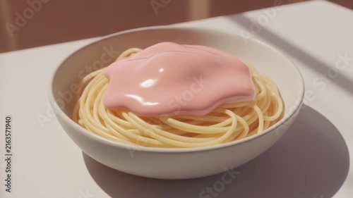 Spaghetti bowl topped with smooth pink sauce animation depicting delicious culinary motion for marketing video content