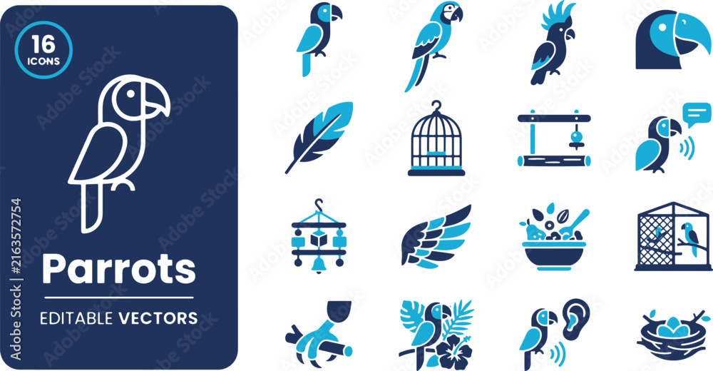 Fototapeta premium Premium collection of flat vector icons featuring tropical parrots cockatoos toucans bird feathers cages and nests for nature projects.