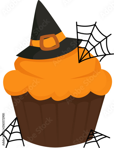 Принти на полотні Spooky orange halloween cupcake with pointy witch hat, black web, dark sugar treat