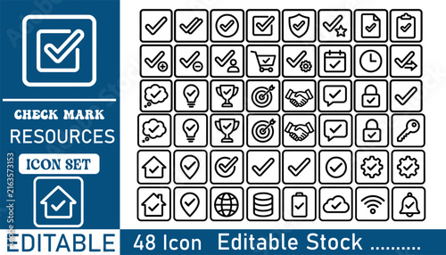 Check mark symbols and verified status outline vector icon set with verified ico