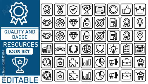 Quality and badge achievement outline vector rewards icon set with badge icons